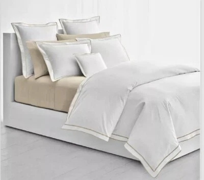 Edredón Ralph Lauren Spencer Border Satén Blanco/Lino King $420 Nuevo en Paquete Foto 1 de 4