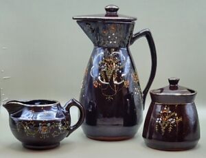 Vintage Moriage Tea Pot With Creamer And Sugar Bowl Set Redware Clay Pottery