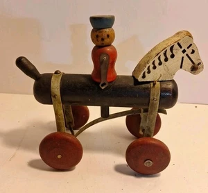 vtg 60s, Tinker Toy Horse Pony Cowboy Parade rider wood wooden pull toy. - Picture 1 of 8