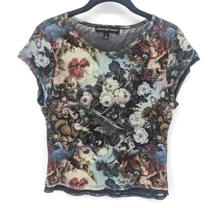 Camisa transparente casi famosa de malla para mujer grande negra floral querubín Y2K artística - Imagen 1 de 8