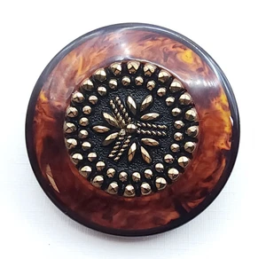 Large Vtg Root Beer Tortoise Bakelite Button w/ Gold Luster Black Glass Inlay - Picture 1 of 4