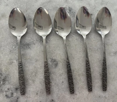 5 Tablespoons Korea Rogers Stainless Fragrant Rose Soup Spoons NOS - Image 1 of 4