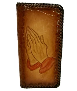Handgefertigte Lederbrieftasche handbemalt Kreuz Gebet Hände religiös Unisex - Bild 1 von 9