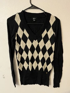 Suéter De Colección Guess Argyle Mujer Grande Negro Cuello en V Dinero Antiguo Preppy Y2K Academia - Imagen 1 de 5