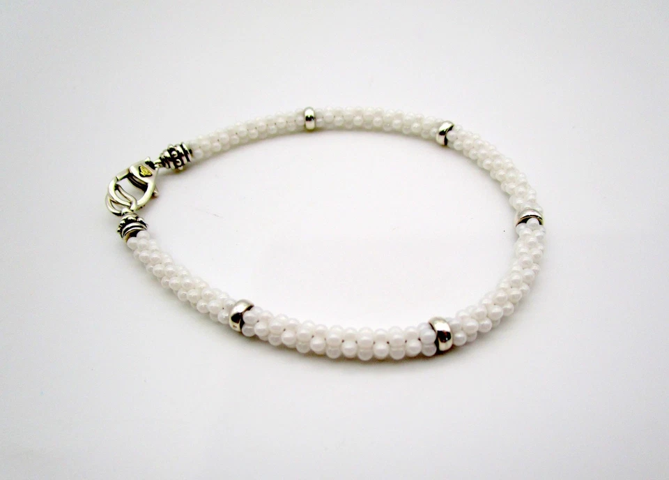 LAGOS Sterling Silver 5 Station White Ceramic Caviar Rope Bracelet 7.5" Signed - Image 1 of 4