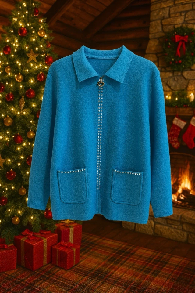 Suéter de lana Quacker Factory para mujer talla 1X corazón completo cremallera pedrería manga larga Foto 1 de 4