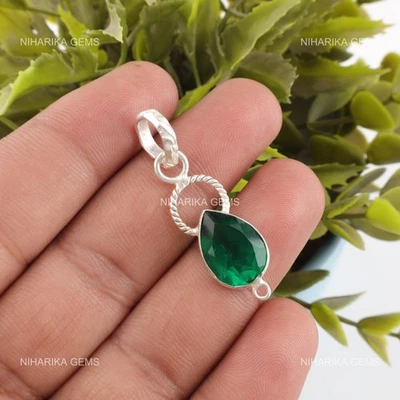 Argento Sterling Laboratrio Verde Gemma Smeraldo Fidanzamento Mano Pendente - Immagine 1 di 4