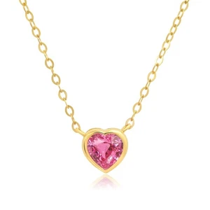 Solid 14k Yellow Gold Pink Amethyst Bezel Set Heart Pendant Necklace for Wome... - Picture 1 of 6