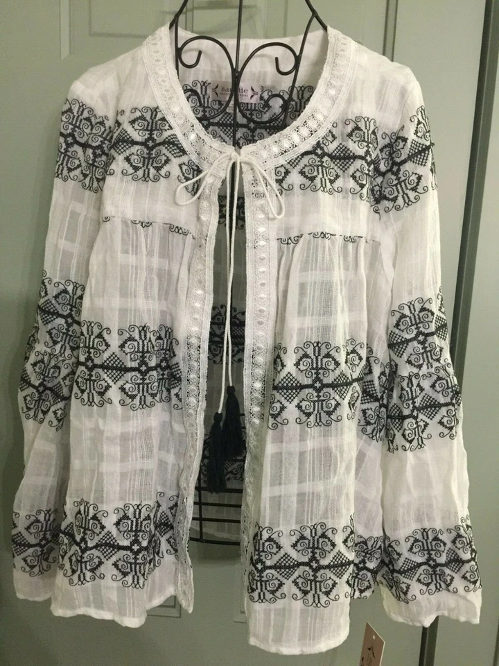 Chaqueta Nanette Lepore Encogida de hombros Manga 3/4 Algodón Bordado Semi Transparente 10 Nueva con Etiquetas Foto 1 de 4