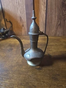 Vintage Indian Brass Hand Carved Tea Pot 11." Tall Signed by tool on bottom Ppwk - Picture 1 of 4