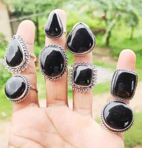 Großhandelsposten! Schwarze Onyx Edelstein Ringe, 925 Sterling Silber vergoldet Ringe Konvolut ~ - Bild 1 von 3