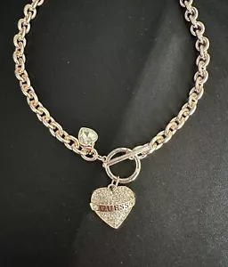Guess Heart Pave Crystal Charmed Necklace Light Rose Gold - Picture 1 of 4