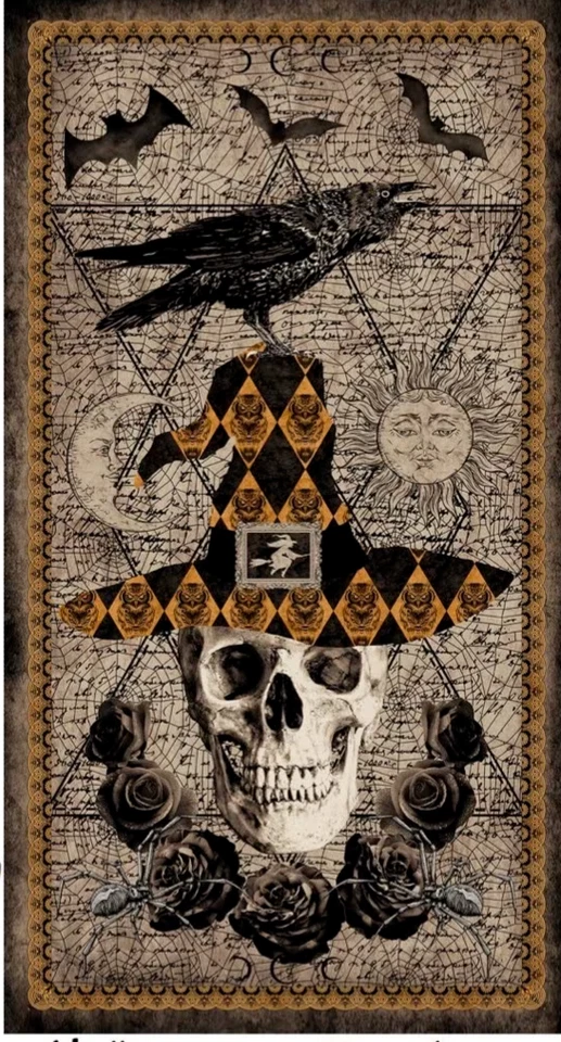 Halloween Fabric Raven Skull Witch Deja Boo Cotton by Blank Fabrics 24" Panel - Image 1 of 1