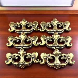 VTG Brass Dresser Furniture Pull Handles Ornate 3 in Center Holes B1066 Set of 6 - Picture 1 of 10
