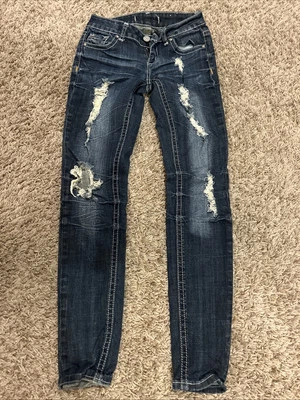 Pantalones de mezclilla Almost Famous PREMIUM talla 1 desgastados pierna recta lavado oscuro elásticos Foto 1 de 4