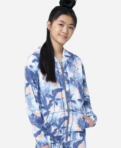 Justice Blue Palm Trees Sunsets Fleece Full Zip Up Hoodie Jacket Size L 12/14 - Picture 1 of 6