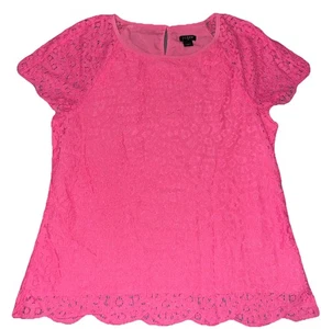 J. Camicetta top CREW rosa brillante pizzo overlay manica corta Barbiecore taglia 4 - Foto 1 di 10