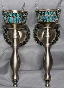 Ornate Blue Jeweled Brushed Metal Torch Style Wall Sconce Candle Holder Set of 2 - Picture 1 of 15