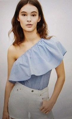 GAP одно плечо оборки Топ блузка женщин большой белый синий полоски Coastal новый с Ярлыками - Изображение 1 из 4