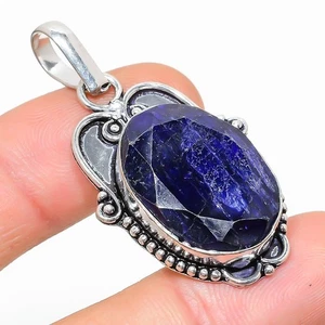 Women Day Gift Dyed Blue Sapphire Gemstone 925 Silver Pendant With Chain B185 - Picture 1 of 7