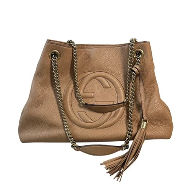 Authentic Gucci Soho Chain Shoulder Bag Camelia Tan Pebbled Leather Tote Handbag - Image 1 of 4