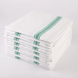 10x Luxury 100% Cotton Kitchen Bar Glass Cloth Cleaning Green Striped Tea Towels - Picture 1 of 3