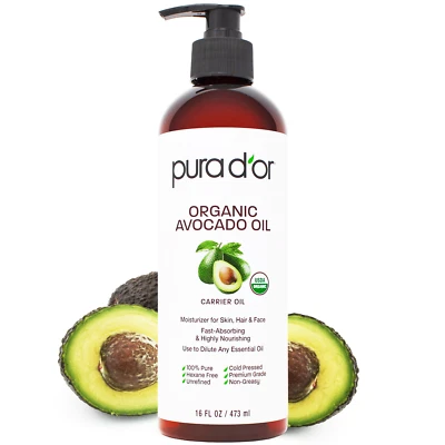 Aceite de aguacate PURA D'OR Dor 100 % puro orgánico USDA 16 oz, para rostro y piel, masaje Foto 1 de 4