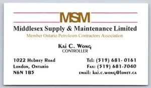 Tarjeta de visita London ON MSM Middlesex Supply & Maintenance Ltd Kai C Wong - Imagen 1 de 2
