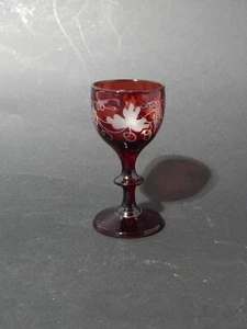 Antique Glasses Small Stem Glass Crystal Bohemian Red Ruby Engraved Acid - Picture 1 of 6