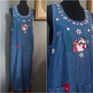 Vintage Snowman Denim Dress Petite Large - Picture 1 of 13