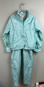 Vintage Asics Tiger Nylon Teal Tracksuit Set Swishy Size Large Athletic Warm Up - Picture 1 of 20