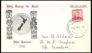 NEW ZEALAND 1938 KGVI 1d BLACK/DEEP RED MAP/TIKI FDC (JF-F) - Picture 1 of 1