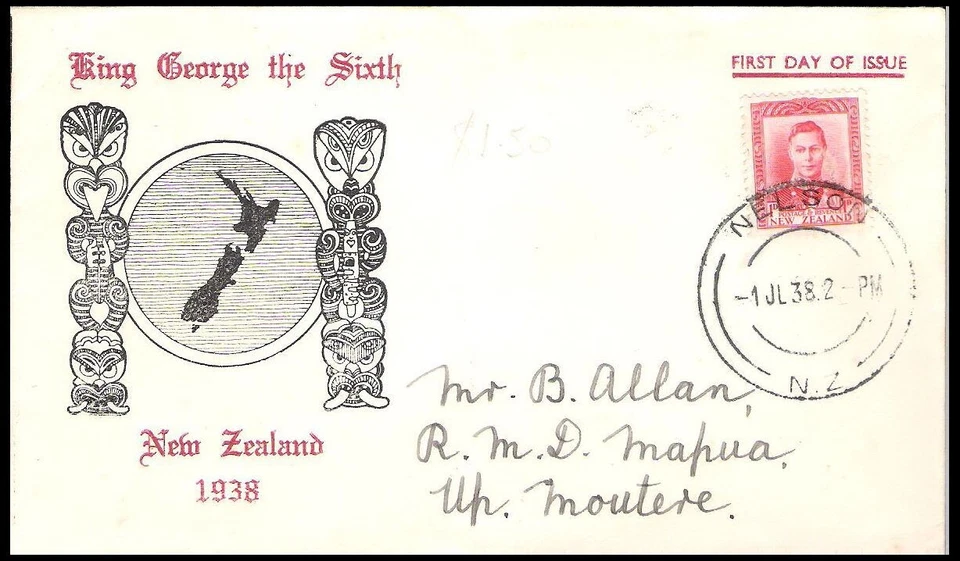 NEW ZEALAND 1938 KGVI 1d BLACK/DEEP RED MAP/TIKI FDC (JF-F) - Image 1 of 1