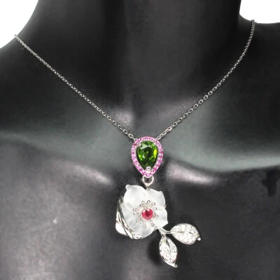 Collar de plata de ley 925 pera cromo diopsido piedras preciosas naturales joyería Foto 1 de 4