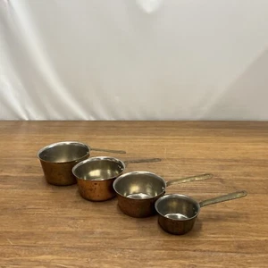 Vintage French? Copper Saucepan Set 4 Lined Bronze Handles Gift 2, 4, 6 8oz Farm - Picture 1 of 14