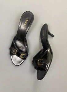 FENDI BLACK PATENT LEATHER KITTEN HEEL MULES DOUBLE BUCKLE DETAILS - Picture 1 of 10