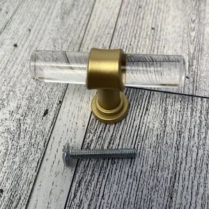 10 pcs Brushed Brass Acrylic Cabinet Pulls Single Hole Clear Drawer T-bar Knob - Picture 1 of 5