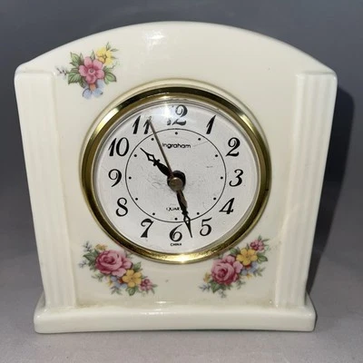 Vintage Ingraham Porcelain Table Clock Quartz Ivory Color Roses Flower used - Image 1 of 4