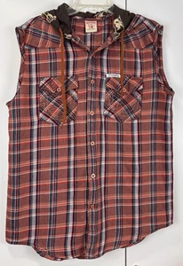 Chaleco con capucha de franela True Religion para mujer GRANDE marrón a cuadros bolsillos abotonados - Imagen 1 de 8