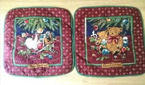 Vintage Quilted Fabric Cushion Covers Christmas Teddy Bear & Cat 15" x 16" - Picture 1 of 5