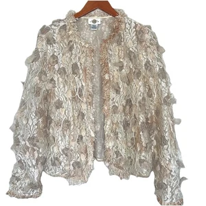 De Colección Sandy Starkman Cárdigan Abierto Chaqueta L Crema Encaje/Lana/Fringe Arte Para Usar - Imagen 1 de 7