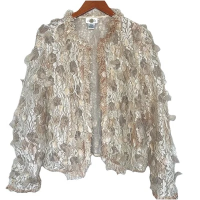 De Colección Sandy Starkman Cárdigan Abierto Chaqueta L Crema Encaje/Lana/Fringe Arte Para Usar Foto 1 de 4
