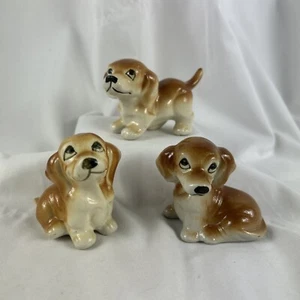 Playful Puppy Figurine Set Of 3 Brown Porcelain 3” Vintage - Picture 1 of 17