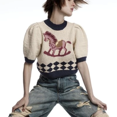UOOYAA Sweater Capsule Series Pink Horse Contrast Color Top Sweater - Image 1 of 4