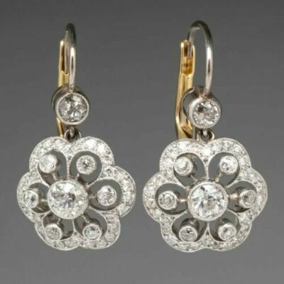 2CT Antique Vintage Lab-Created Diamond Drop/Dangle Earrings 14K 2-Tone Gold FN - Image 1 of 3