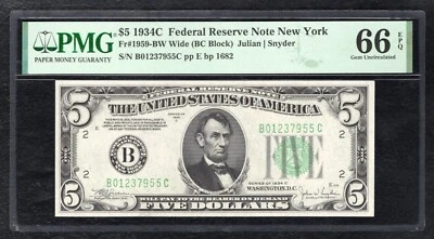 FR. 1959-BW 1934-C $5 FRN FEDERAL RESERVE NOTE NEW YORK, NY PMG GEM UNC-66EPQ - Image 1 of 2