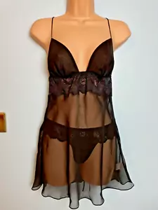 F7 LA SENZA ULTRA SHEER BLACK CHIFFON LACE BABYDOLL CAMI THONG SET M 10/12/14 - Picture 1 of 12