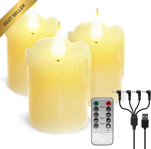 3 Rechargeable LED Candles Real Wax USB Flameless Flickering Timer Remote Decor - Picture 1 of 12