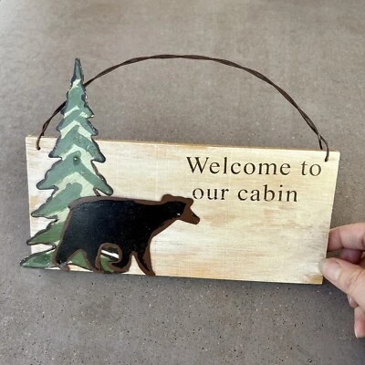 "Welcome" Handmade Plaque Cabin Porch Decor Sits or Hangs Wood & Tin 8.25" x 4" - Image 1 of 4