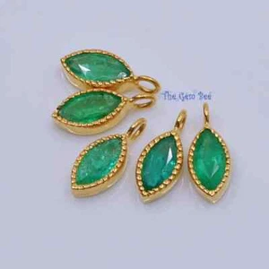 18k Yellow Gold 4x7.2mm Fine Natural Emerald Marquise Shape Bezel Charm Pendany - Picture 1 of 8